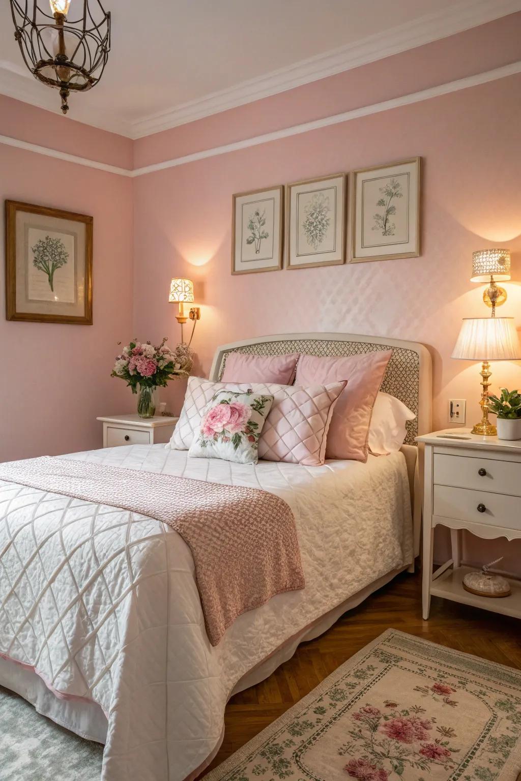 Soft pastels evoke a calming ambiance within the guest room.