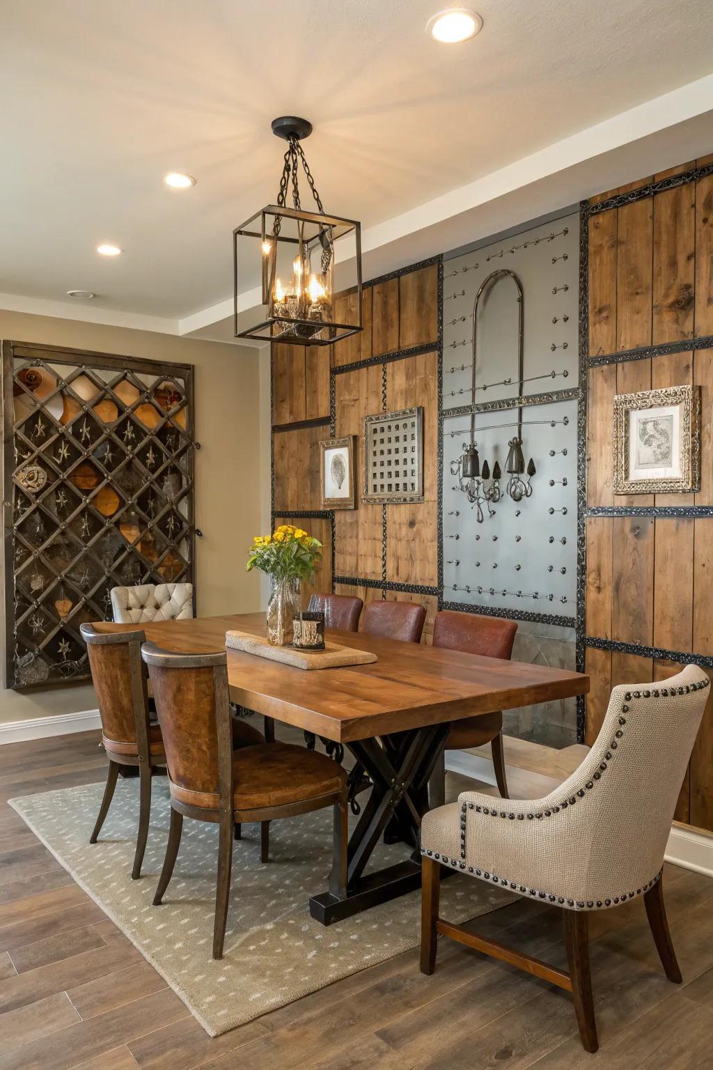 A dining area with a diverse mix of timber and metal on the feature wall.