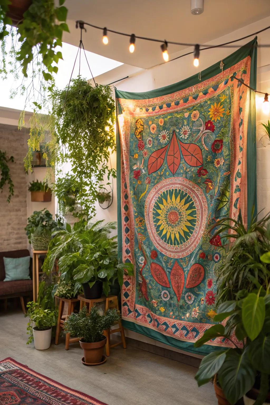 Plants add life to wall hanging decor.