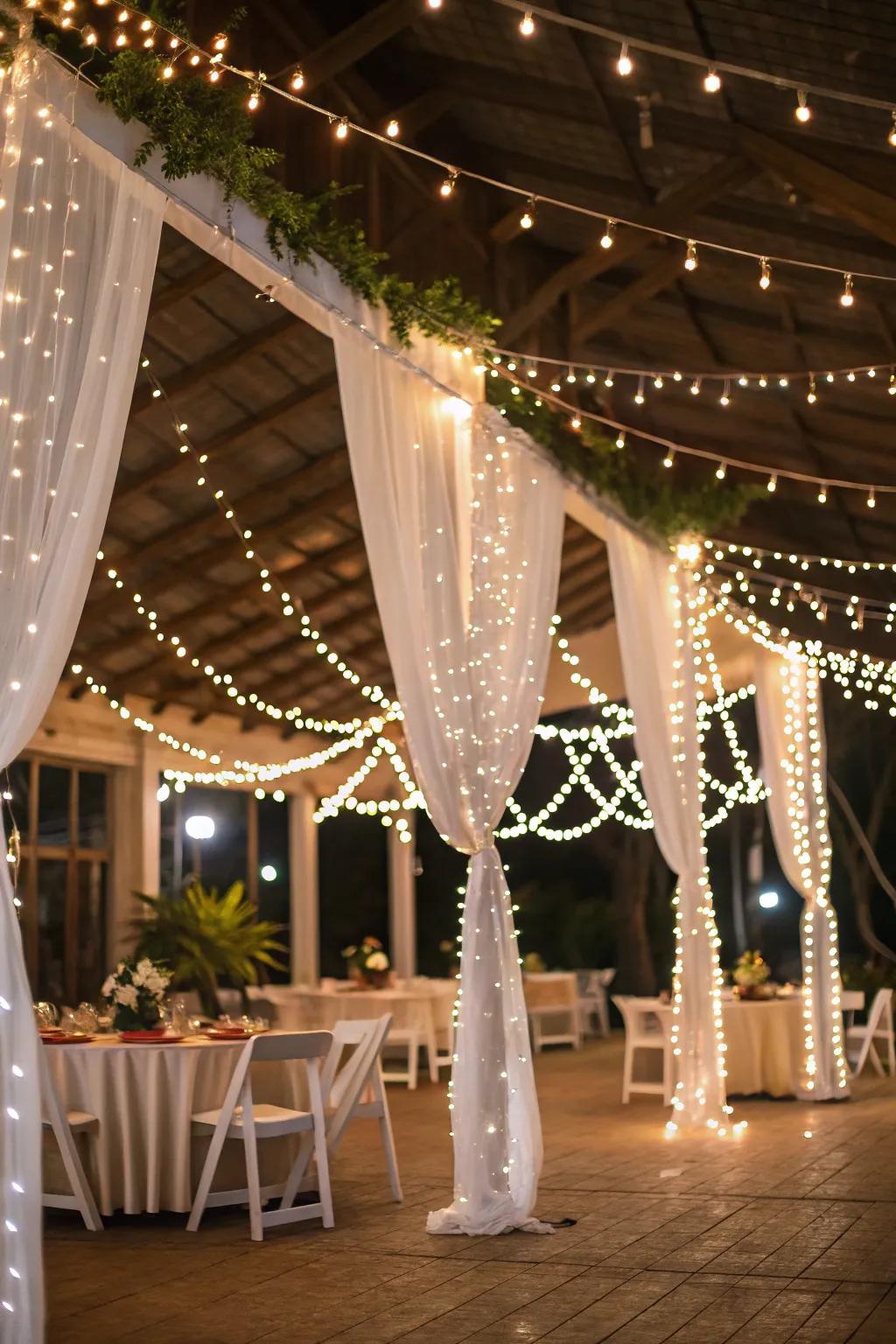 White string lights create a warm and inviting ambiance.