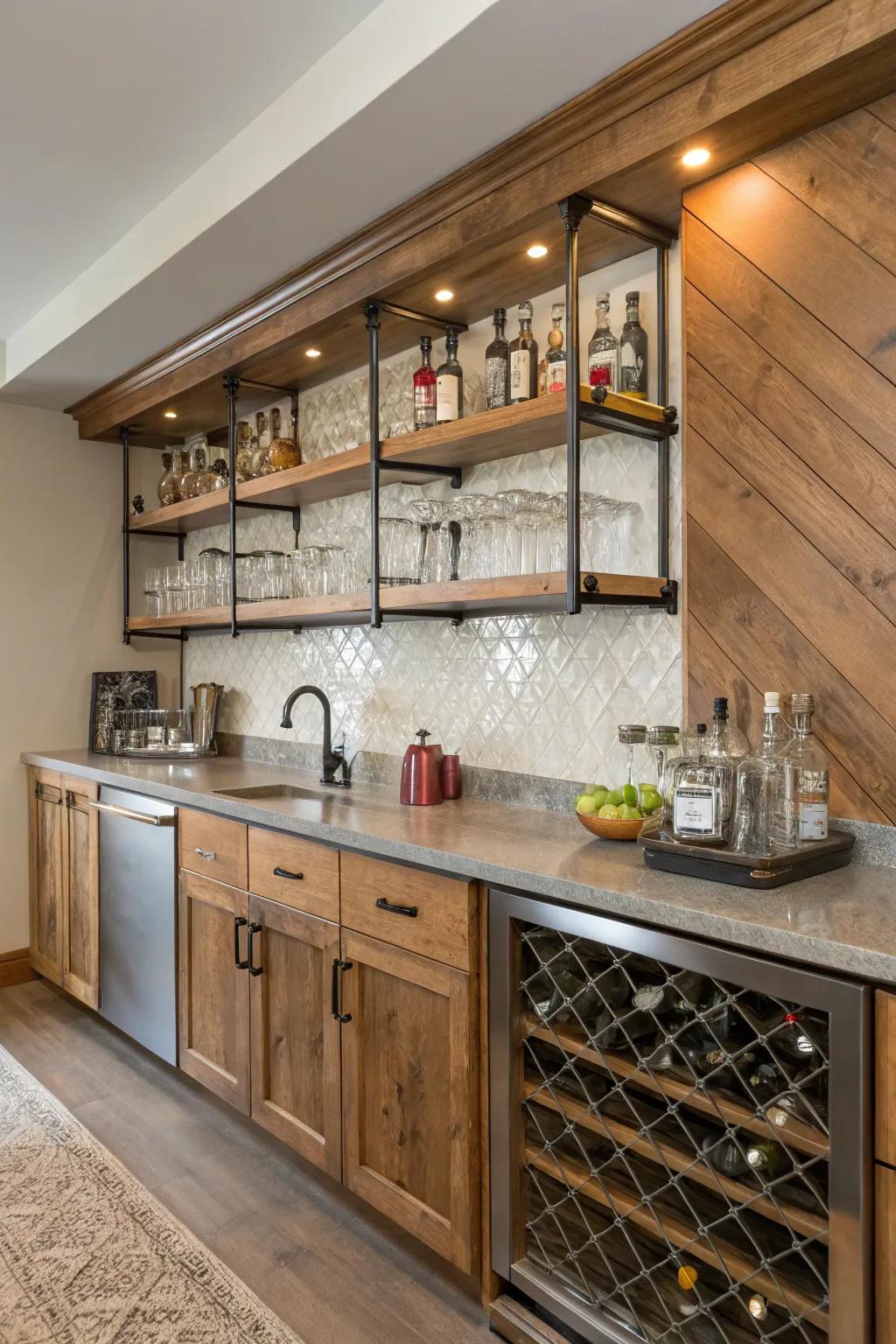 A combination of textures adds dimension and appeal to this bar.