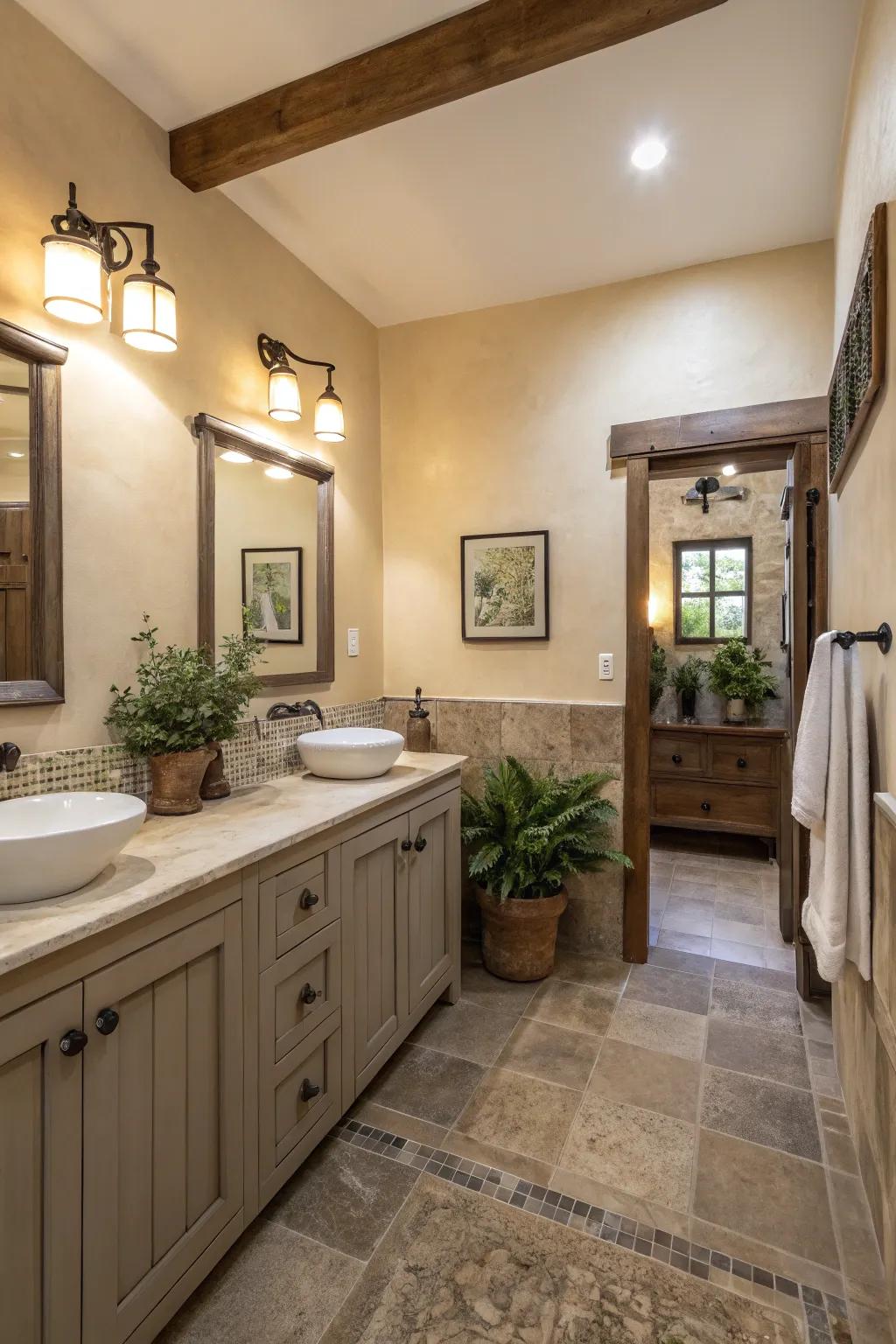 A peaceful and quiet bathroom atmosphere is created by neutral tones.