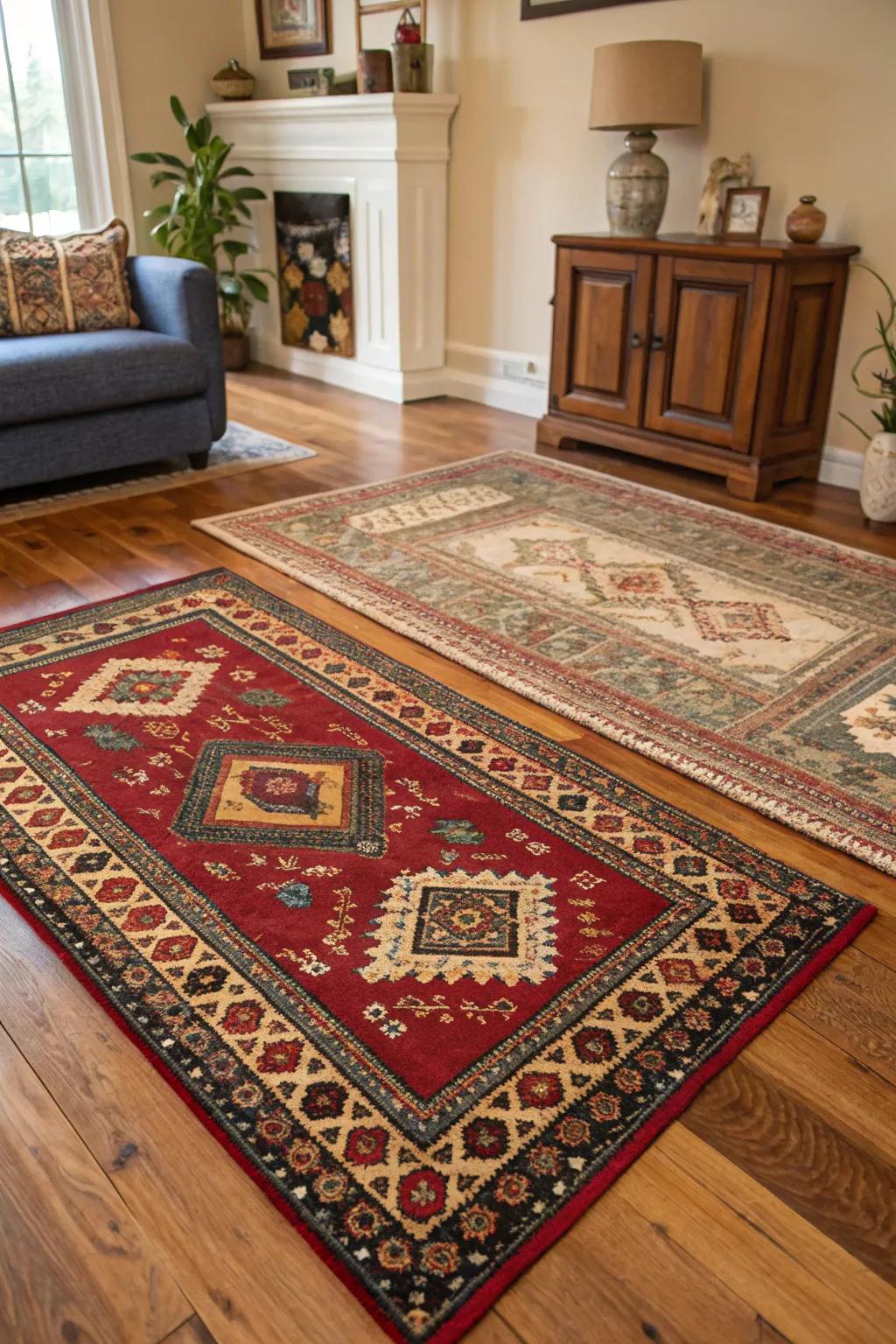 Traditional floor coverings enhancing warmth and texture to a colonial-style area.