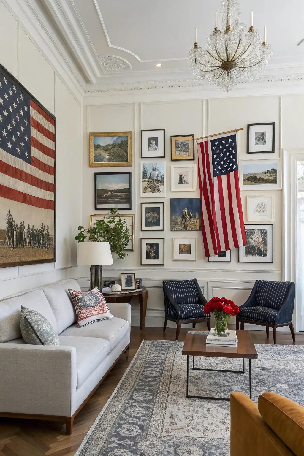 A gallery wall with a flag brings creative elegance to this living room.
