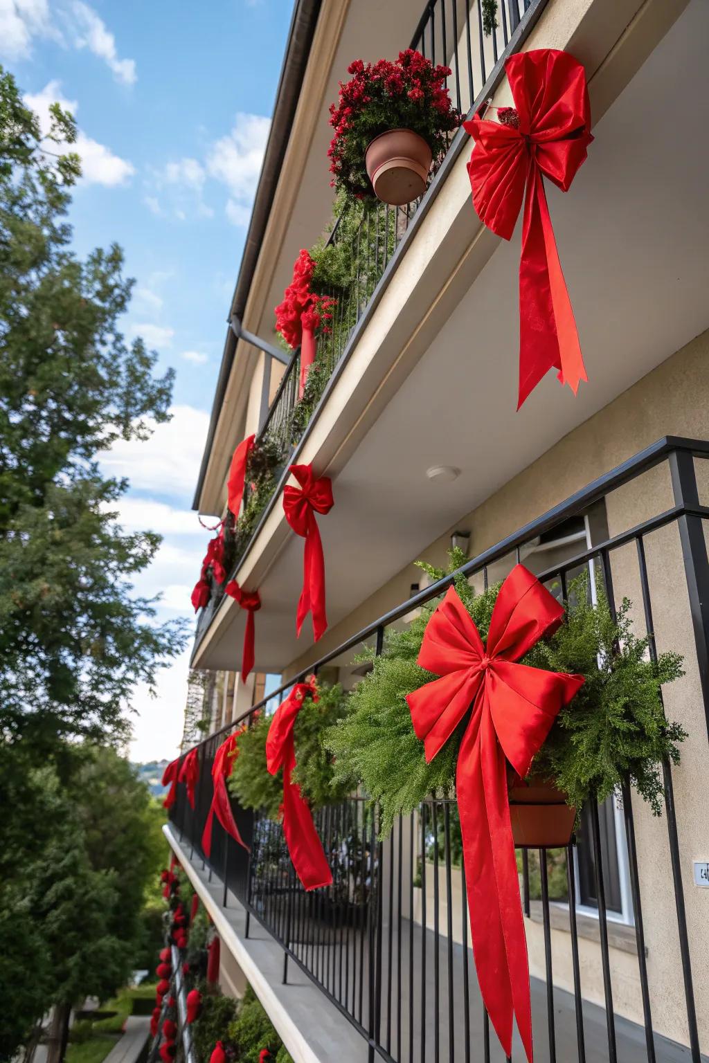Red ribbons and bows contribute a touch of elegance to this balcony.