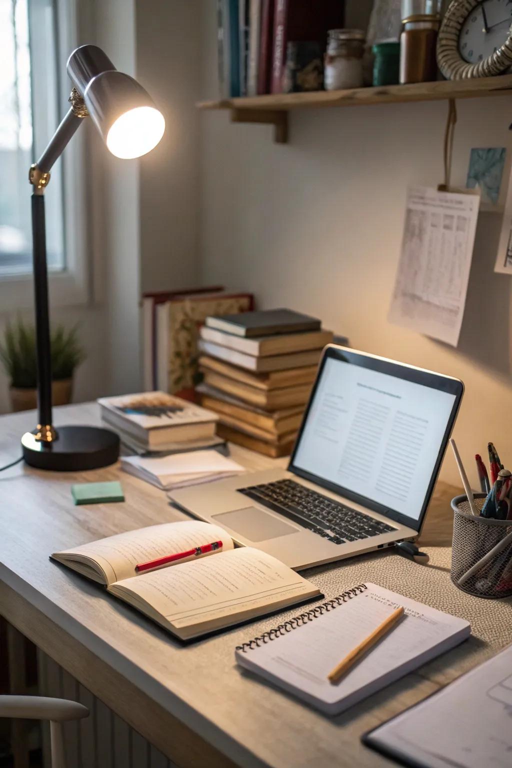 A desk area illuminated by directional lighting for enhanced focus.