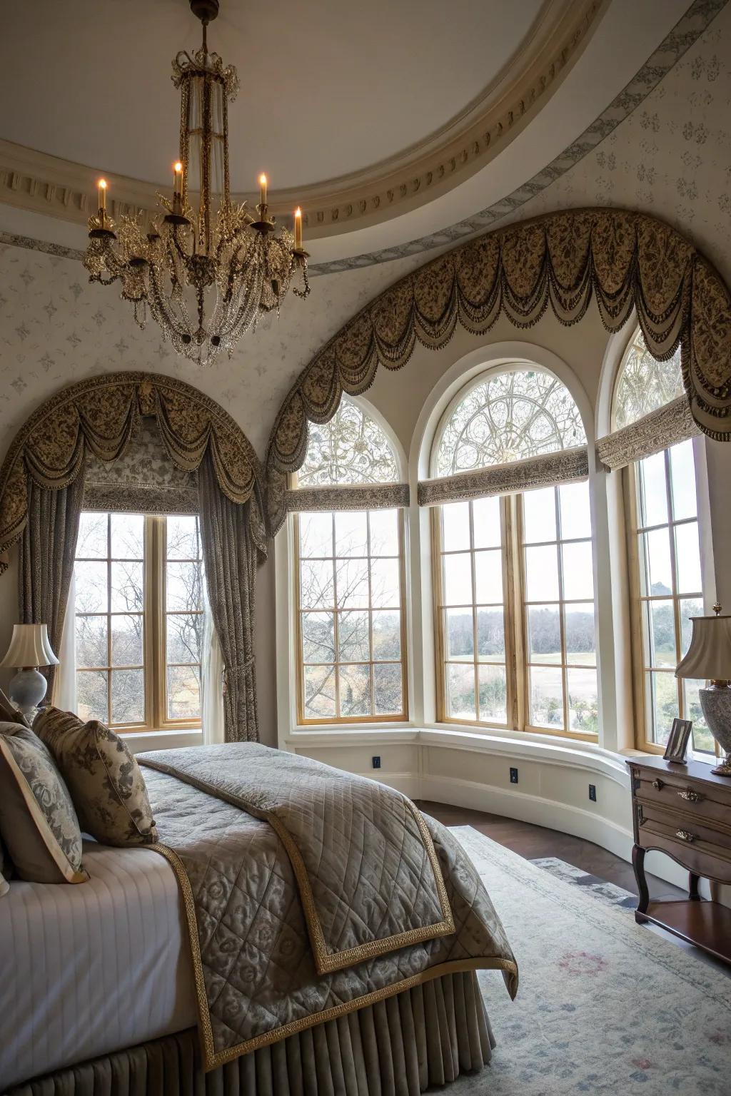 Elegant bedroom with arched valances on windows.