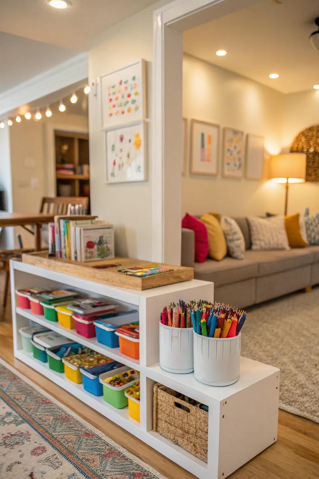 Dedicated storage areas for children’s art supplies encourage creativity and organization.