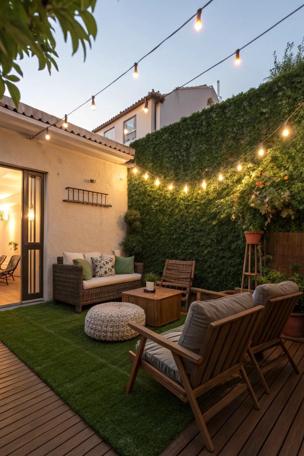 A patio transformed into a serene retreat with the incorporation of a faux verdant wall.