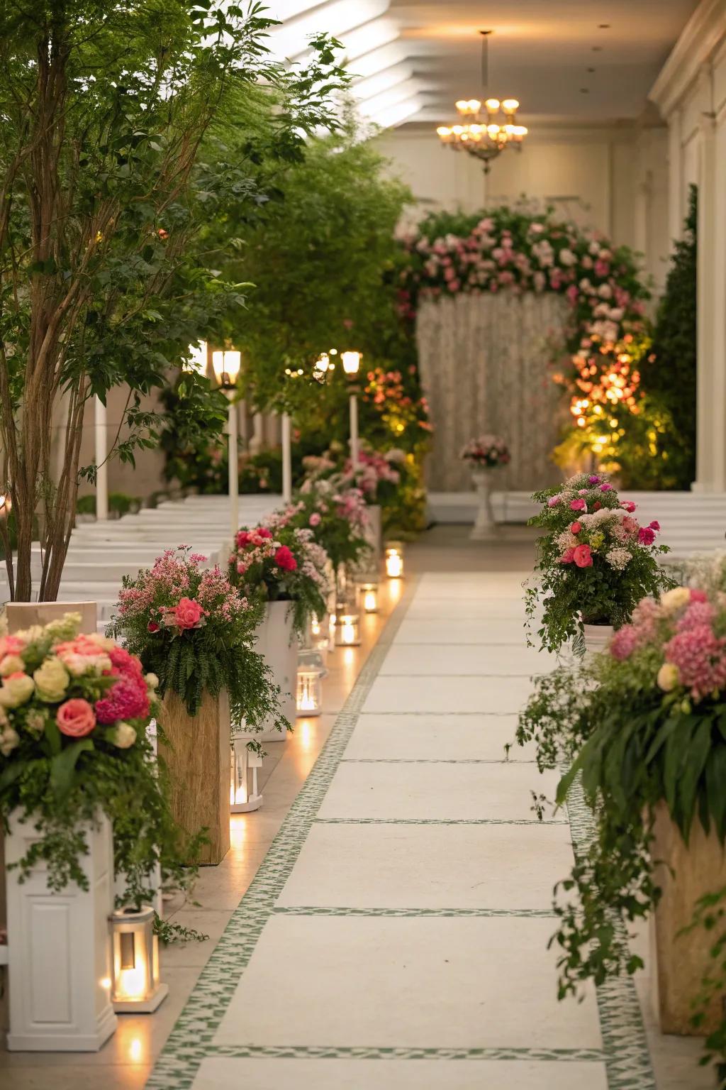 A garden-style path with potted plants and flowers.