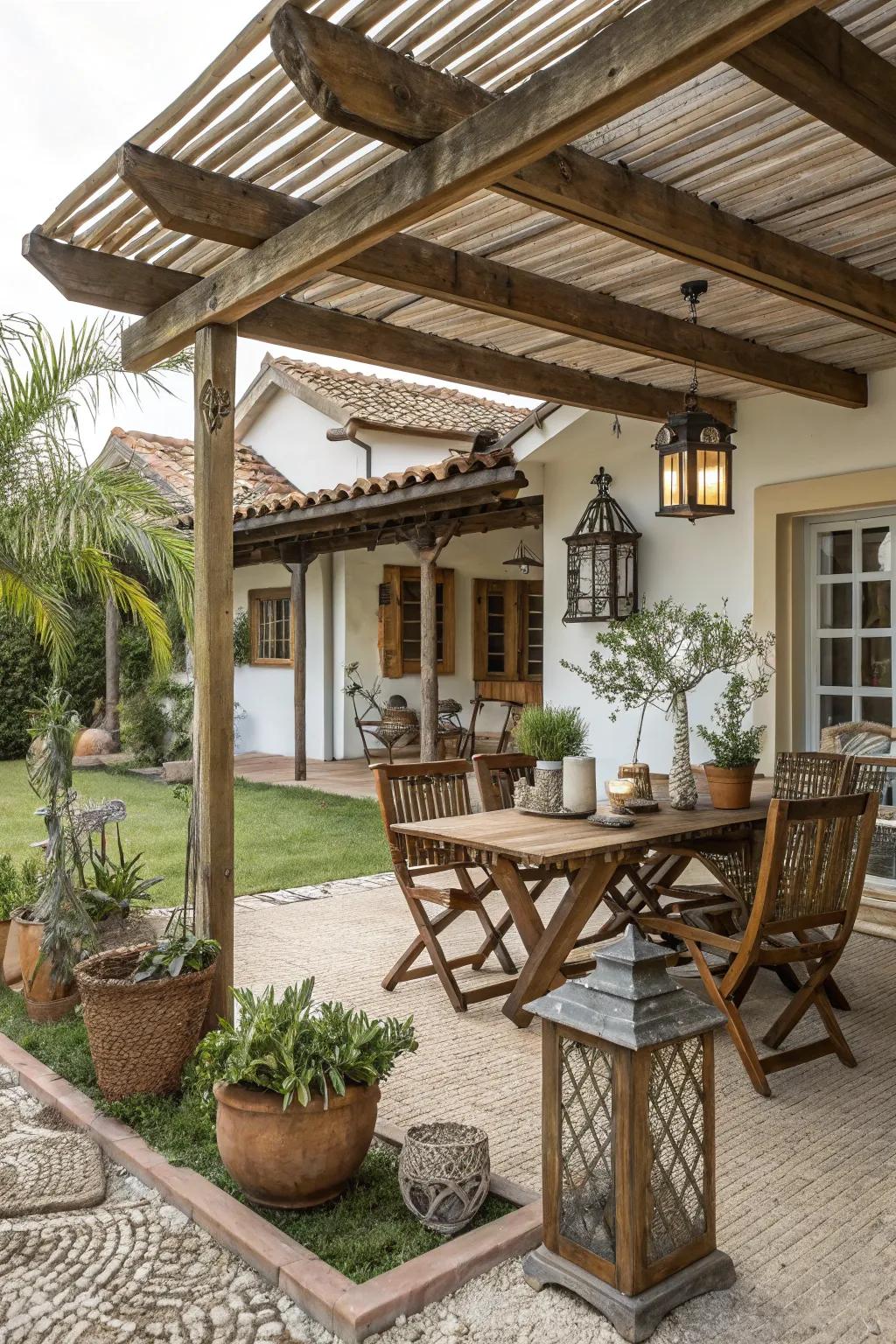 Establish a cozy retreat with a rustic wood awning.