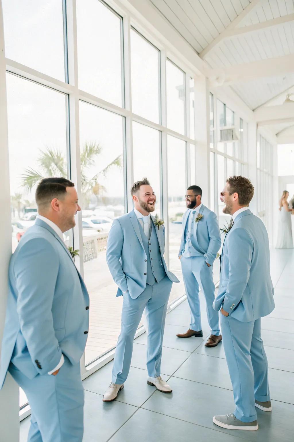 Pale blue suits add a stylish touch to the groomsmen's attire.
