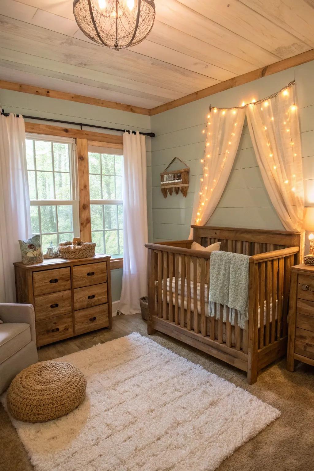 Appreciate warm comfort within a nursery inspired by rustic themes.