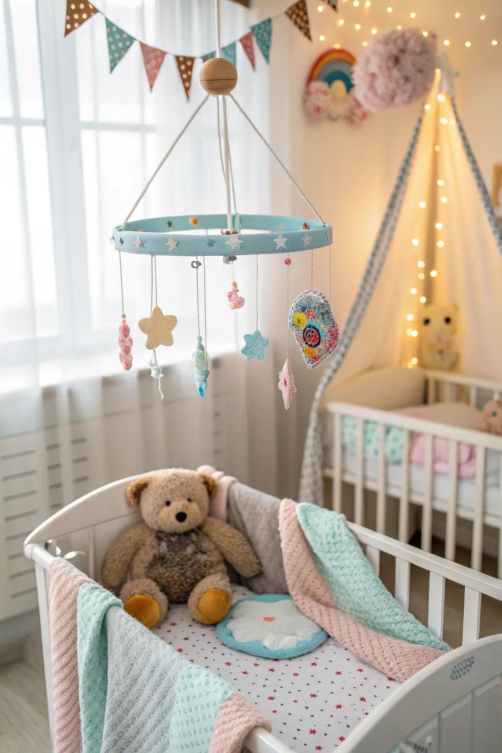 A whimsical mobile adds a playful and calming touch.