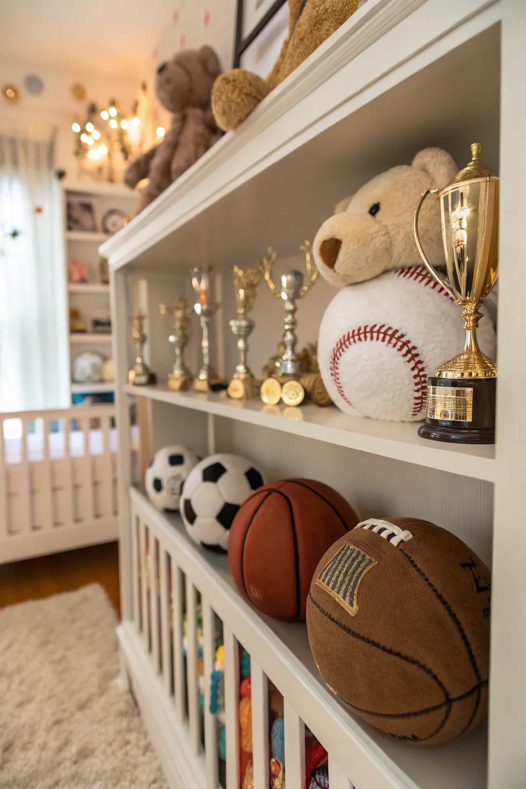 Themed accessories enhance the nursery's playful sports vibe.