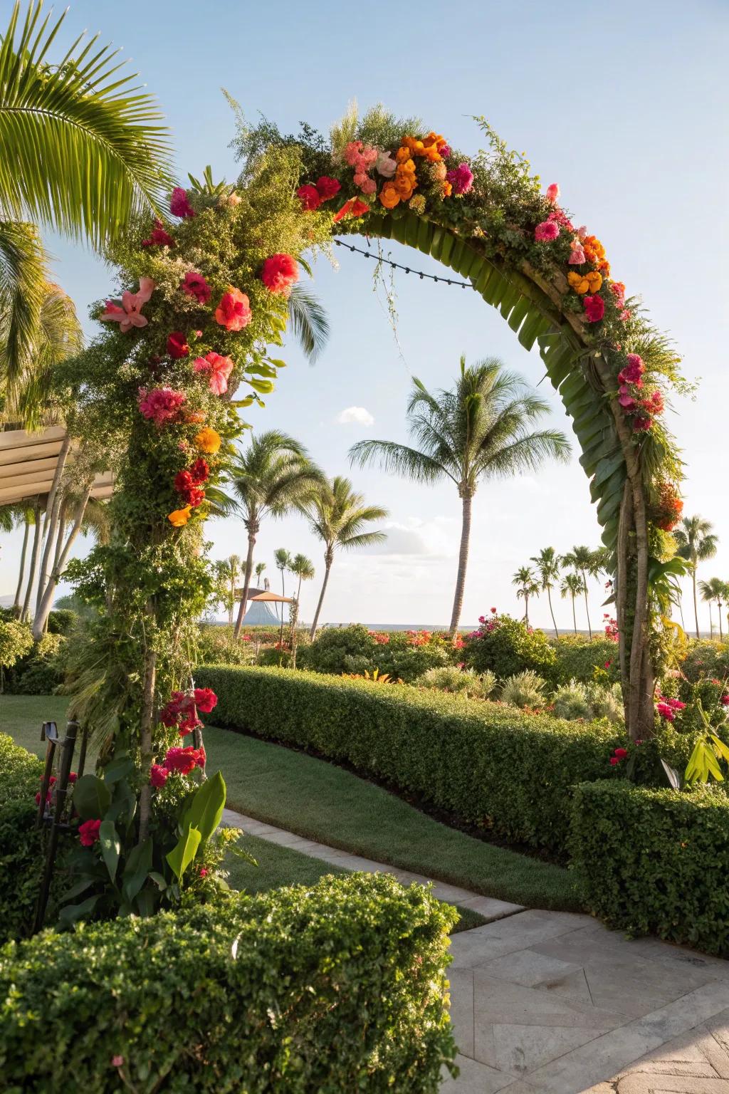 A lively tropical arch that uses palm leaves and flowers for a sunny atmosphere.
