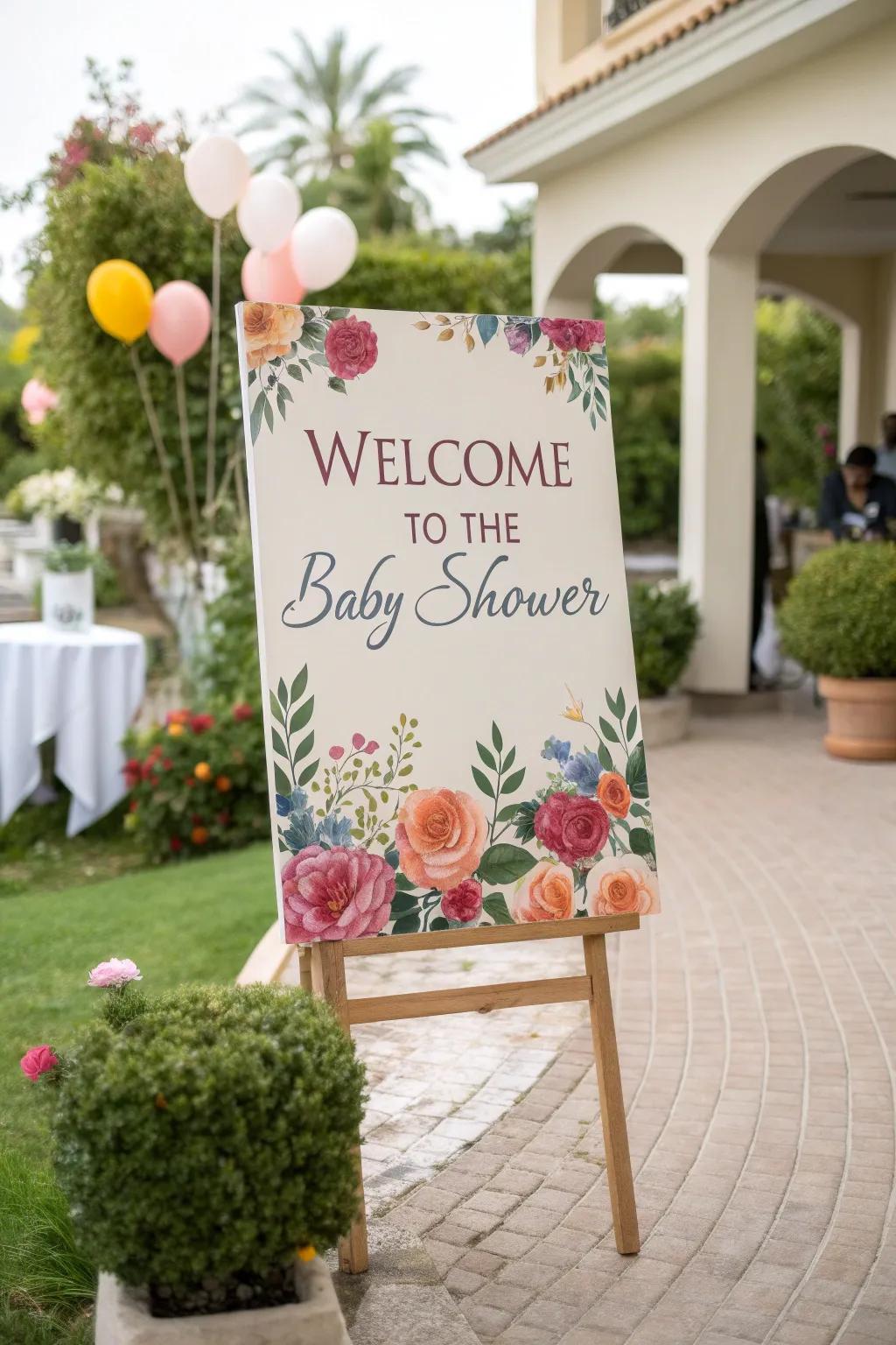 A personalized greeting display with hand-painted flowers warmly welcomes attendees.