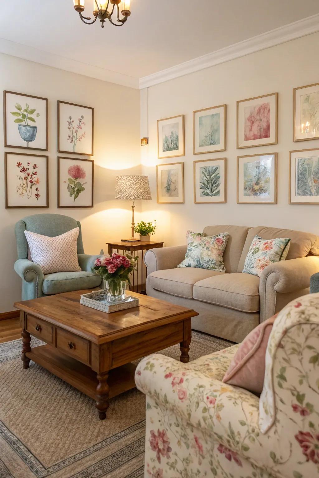 Gentle art pieces foster a welcoming and peaceful atmosphere.