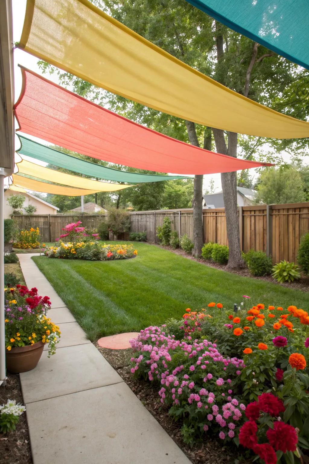 Breathe life into your backyard with colorful fabric awnings.