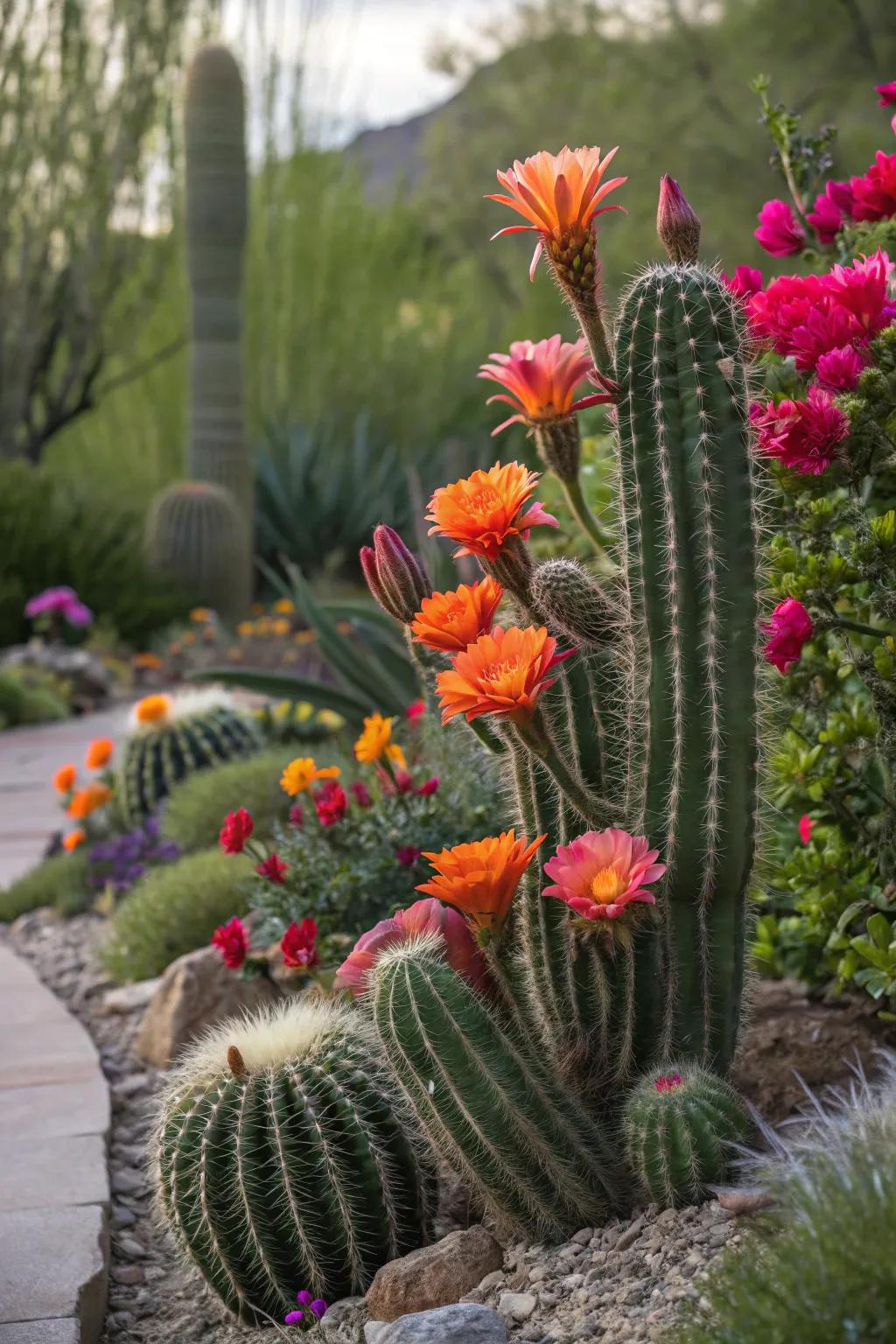 Bright flowers in bloom bring stunning colors to the cactus garden.