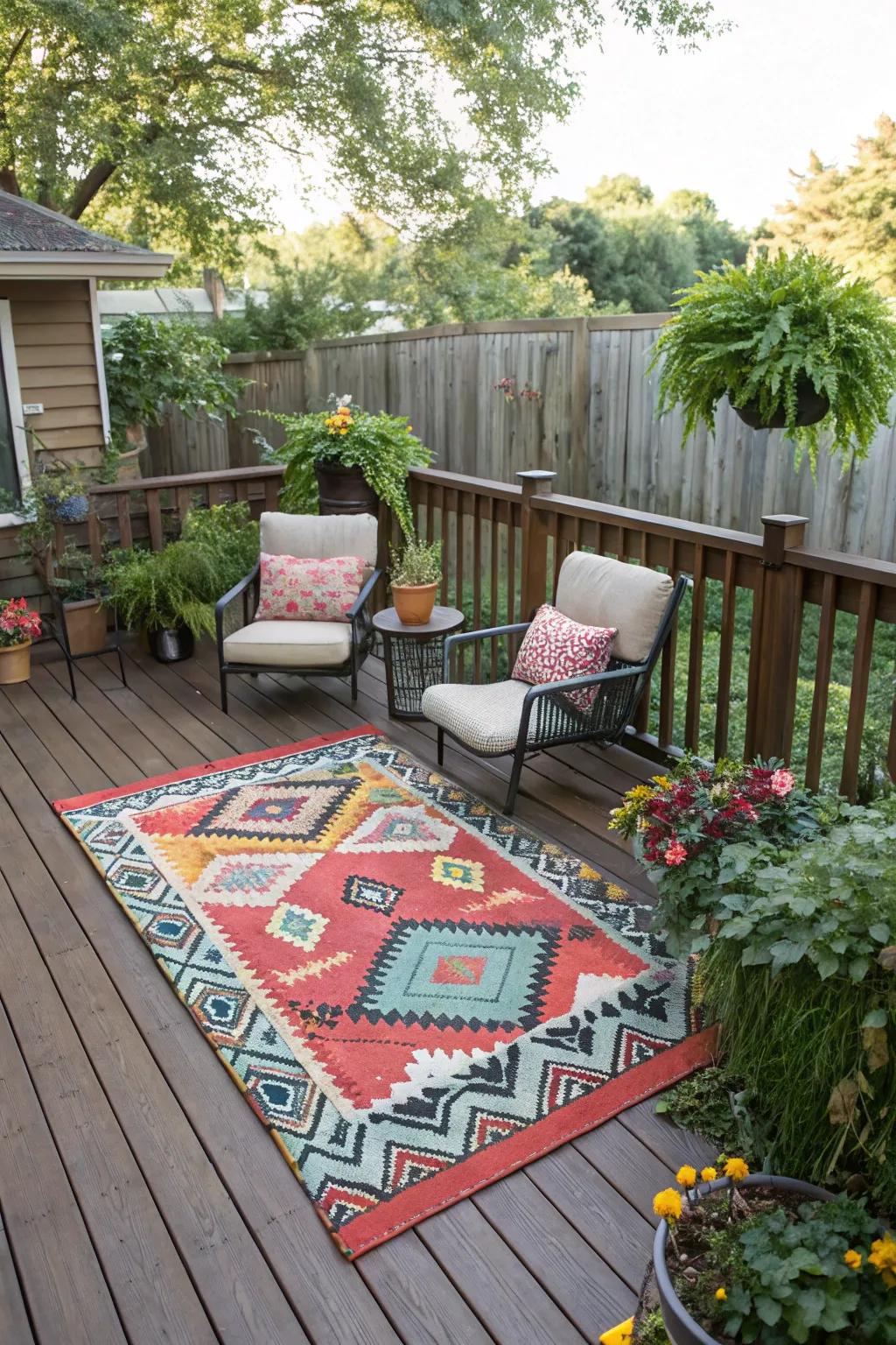 Outdoor rugs add sophistication and comfort.