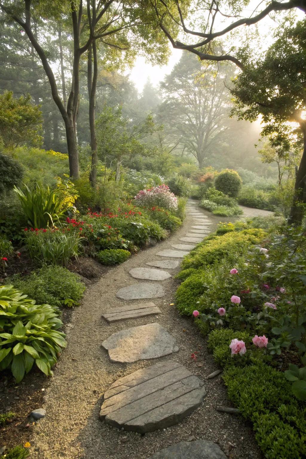Mix textures with crushed rock fines and stepping stones for a visually appealing garden path.