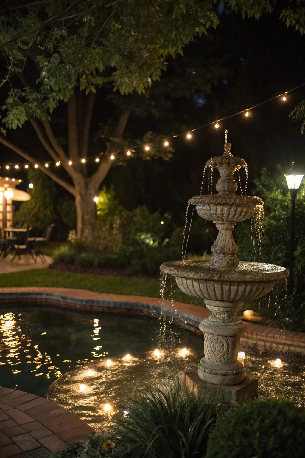 A night-lit fountain transforms your garden into a magical nighttime escape.