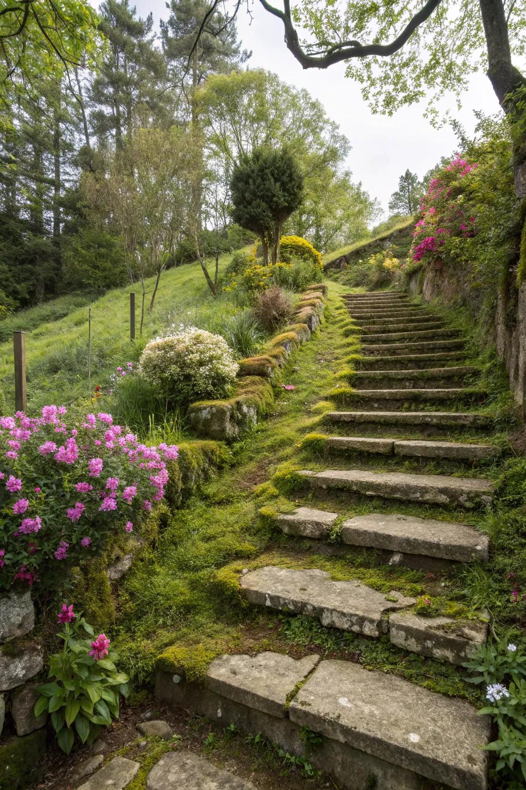 Stone steps are both useful and pretty on a slope.