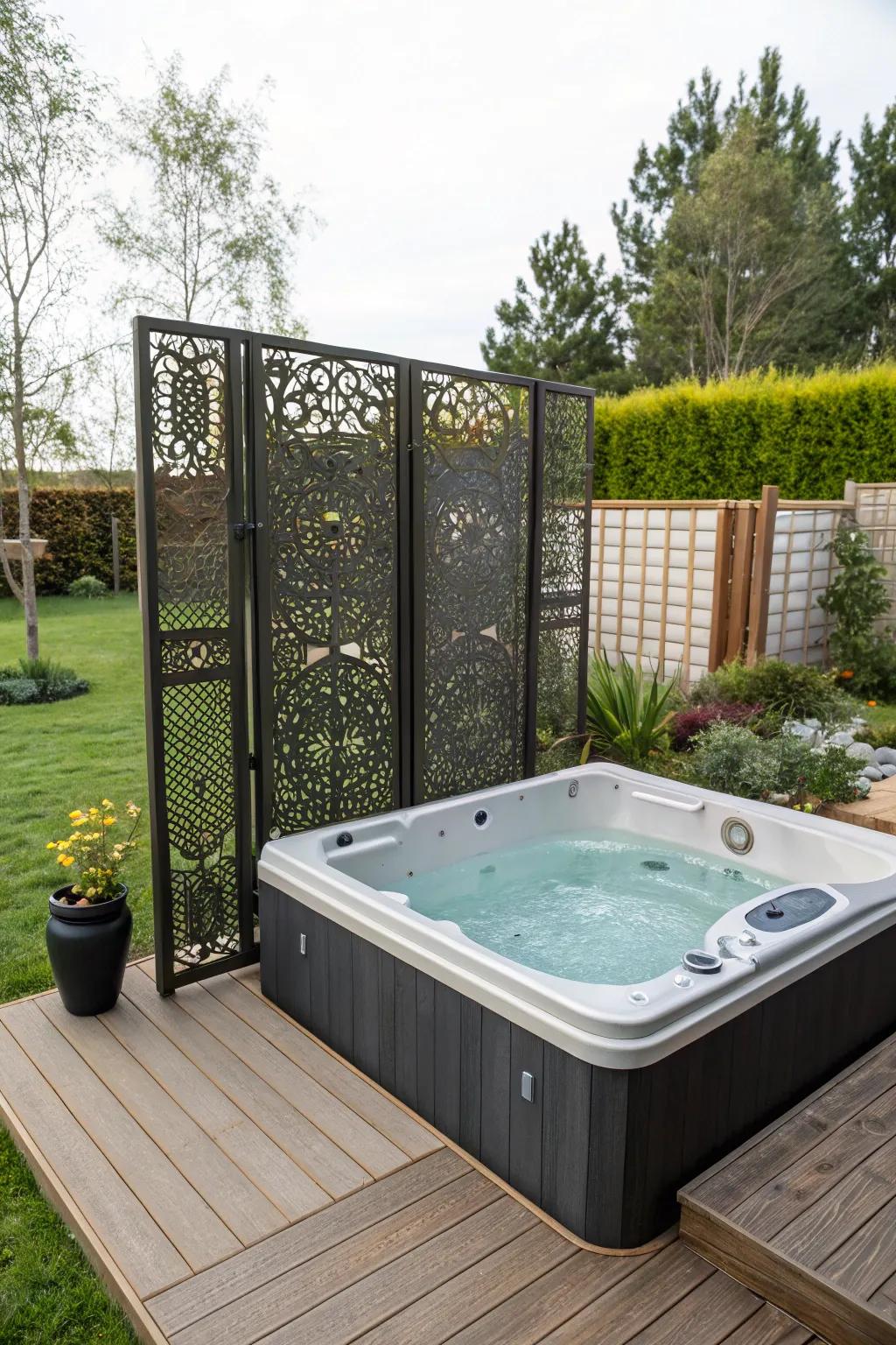Decorative screens add a personalized and artistic touch to hot tub privacy.