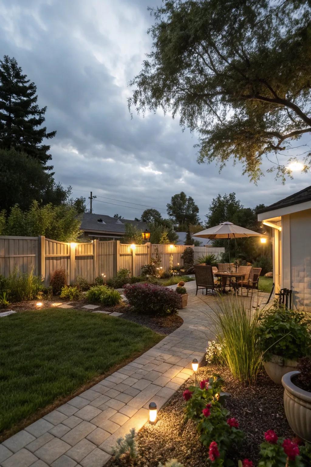 Blending light sources adds depth and interest to your backyard ambiance.