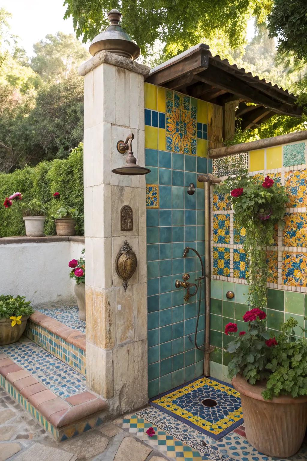 A bohemian outdoor shower area with lively tiles and vintage charm.
