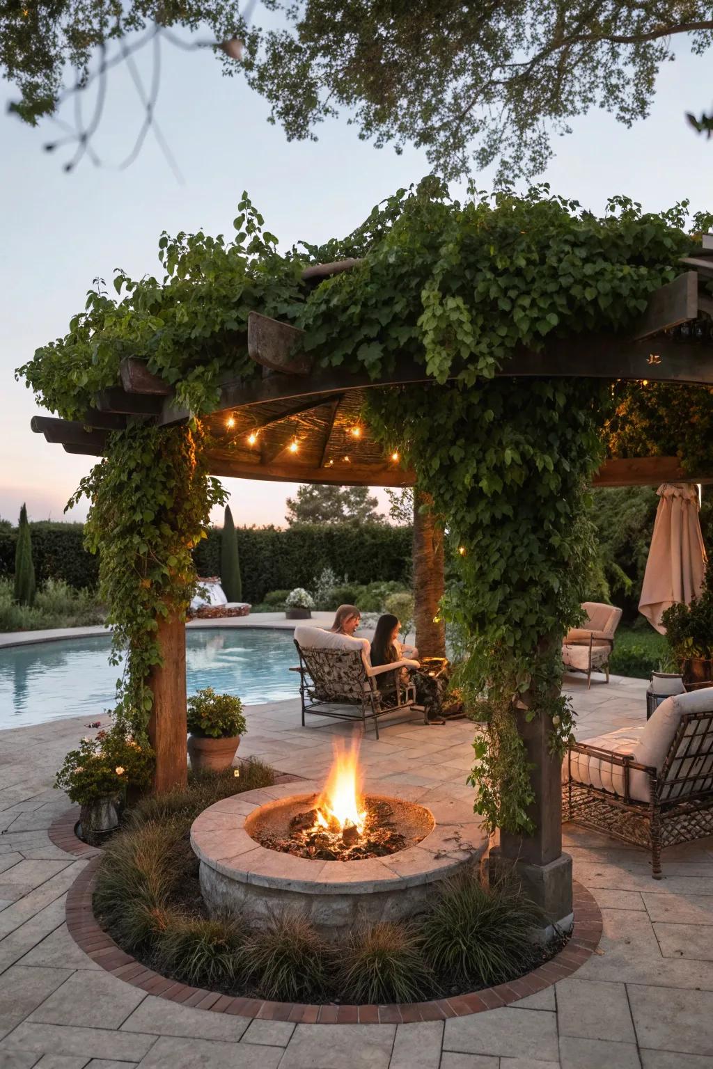 Fire features add warmth and appeal to pergola settings.