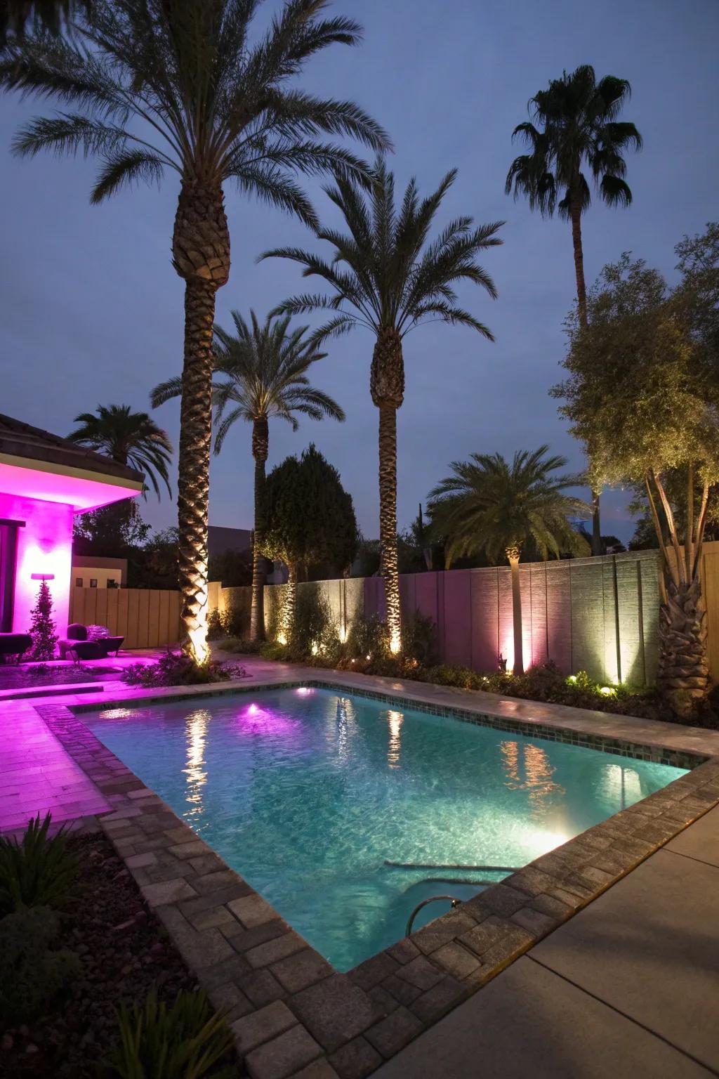 Evening lighting transforms the pool area into a magical retreat.