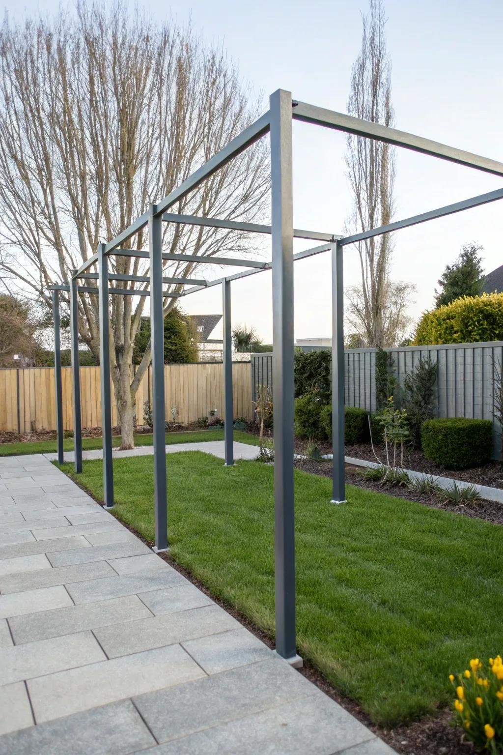 Incorporate modern grace with metal frame posts in your garden.