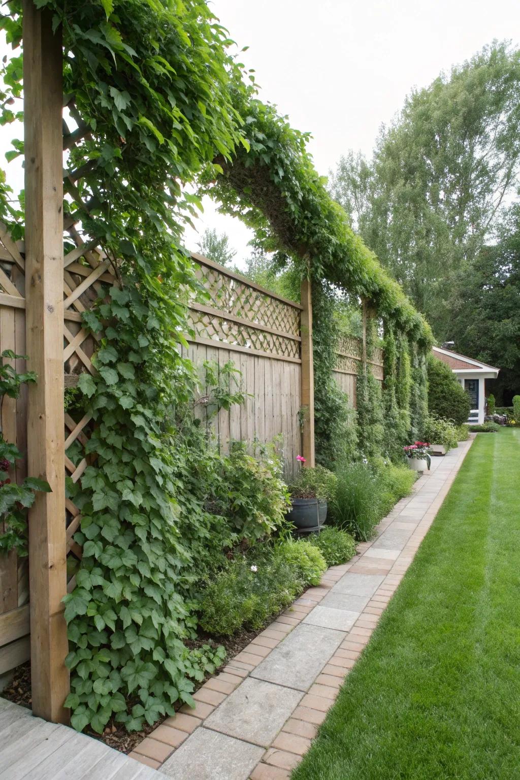 Creepers on frames turn fences into living barriers.