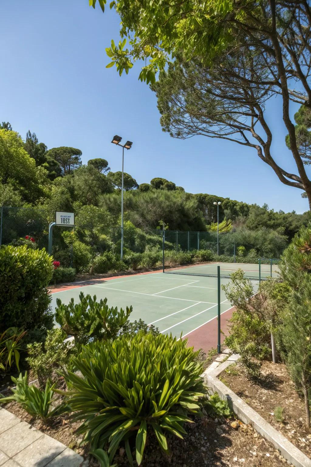 Enhance your backyard with lush greenery around your sport court.