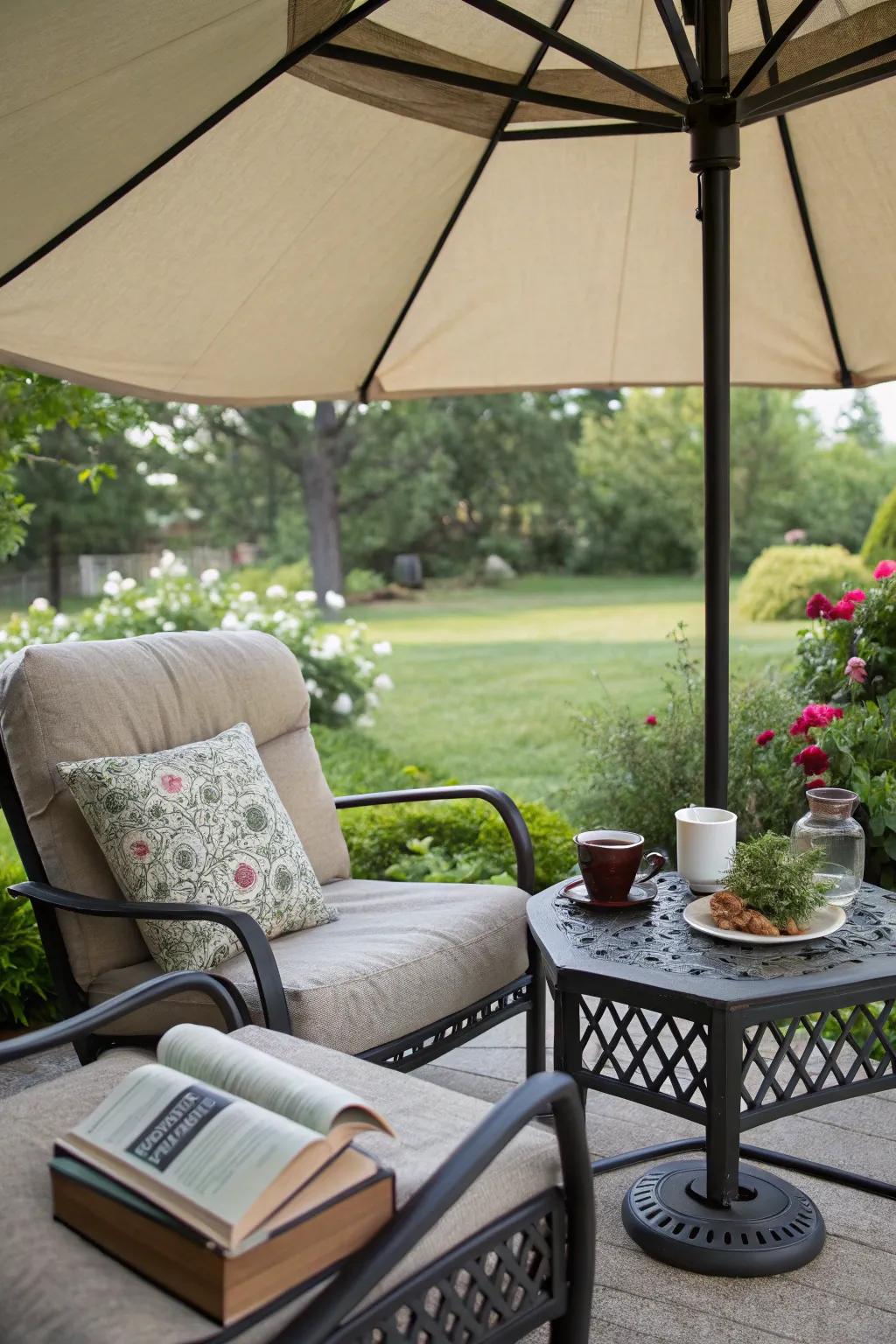 A peaceful reading spot under a patio umbrella.