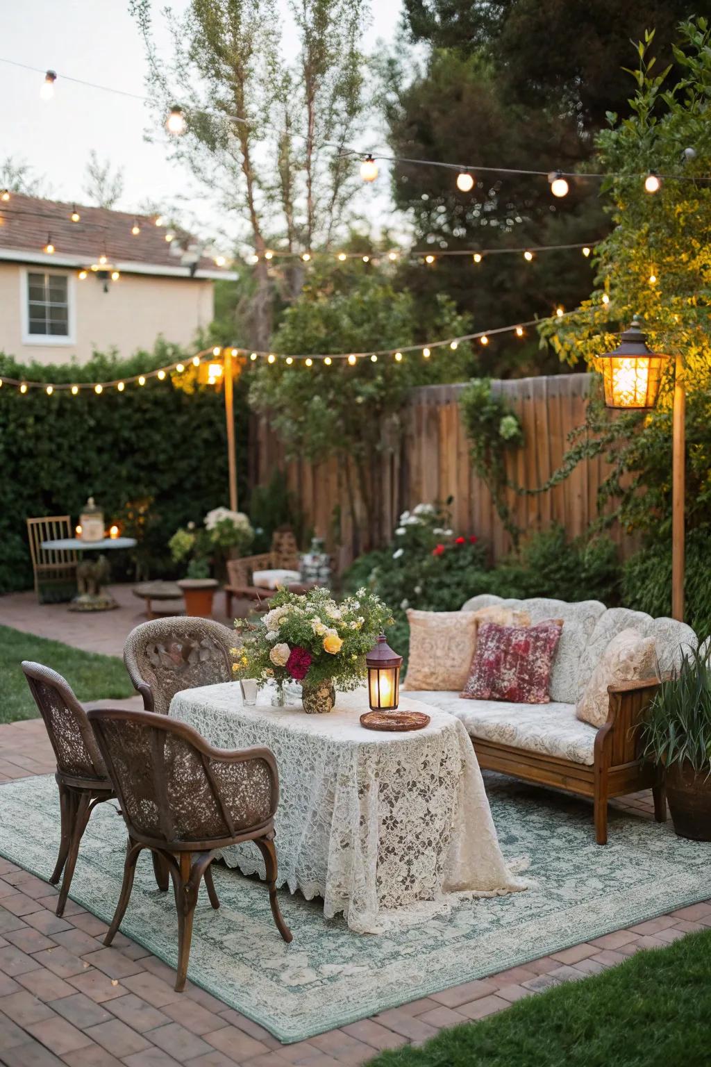 A vintage furniture lounge space offers comfort and charm for attendees.