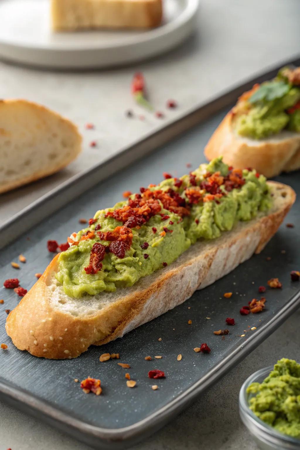 Avocado smash with a fiery twist, ideal for a vibrant appetizer.