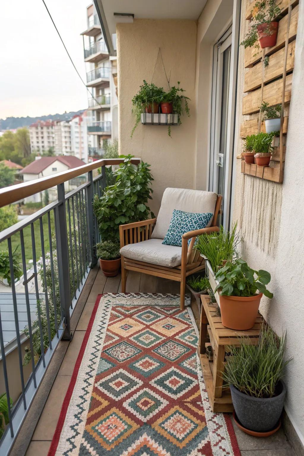An outdoor mat adds definition and warmth to your balcony setup.