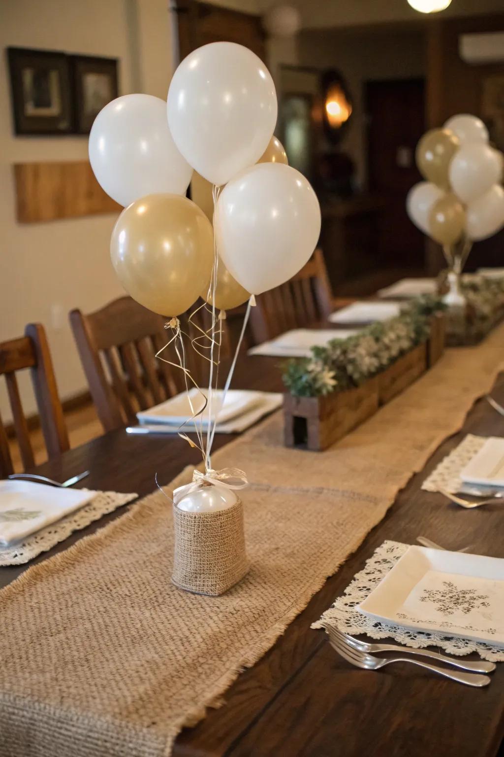 Earthy allure with burlap and neutral-toned balloons.