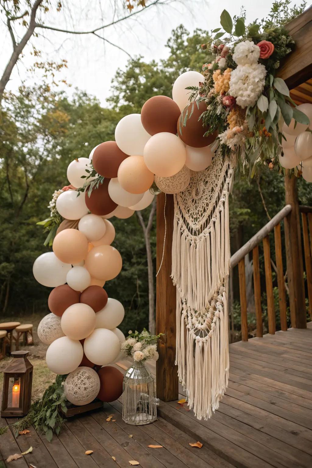 Boho balloon garland for a countryside party.