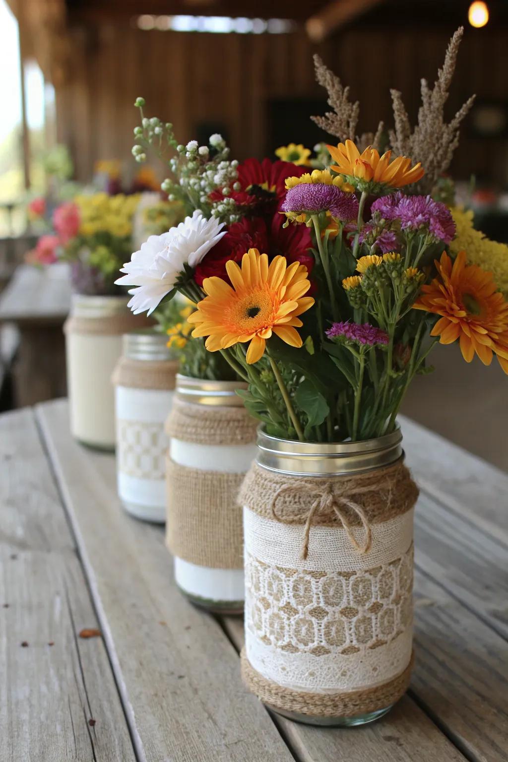 Country mason jars contribute a simple, stylish element.