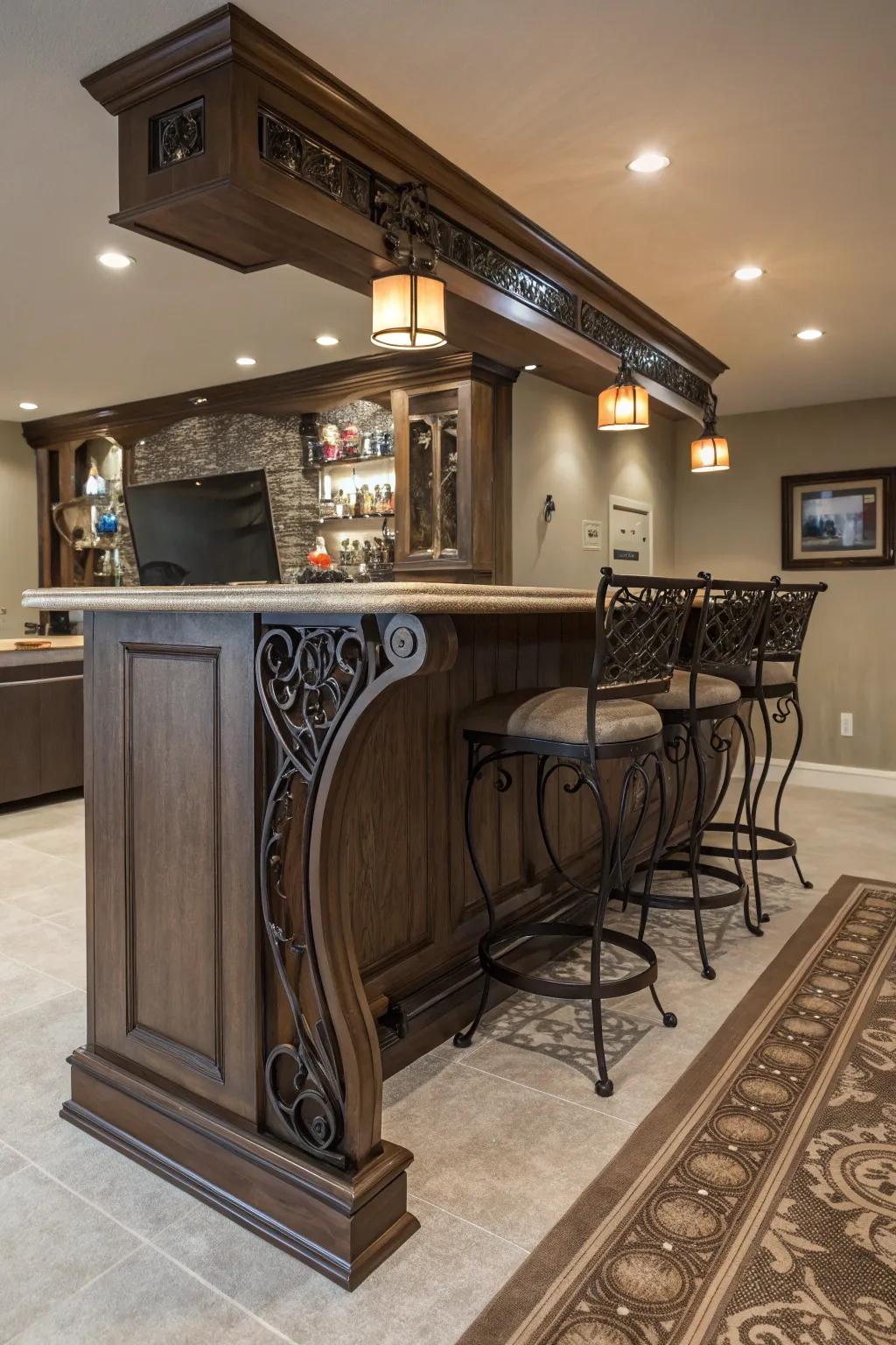 Artistic support brackets add character to this home bar.