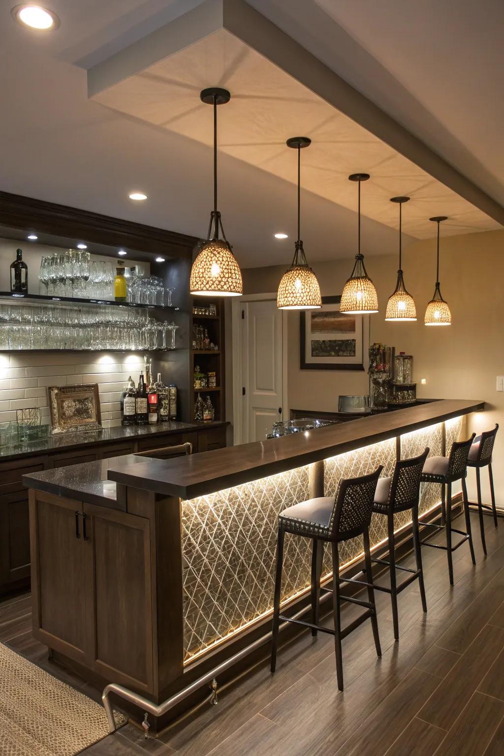 A home bar showcasing ambient lighting designs.