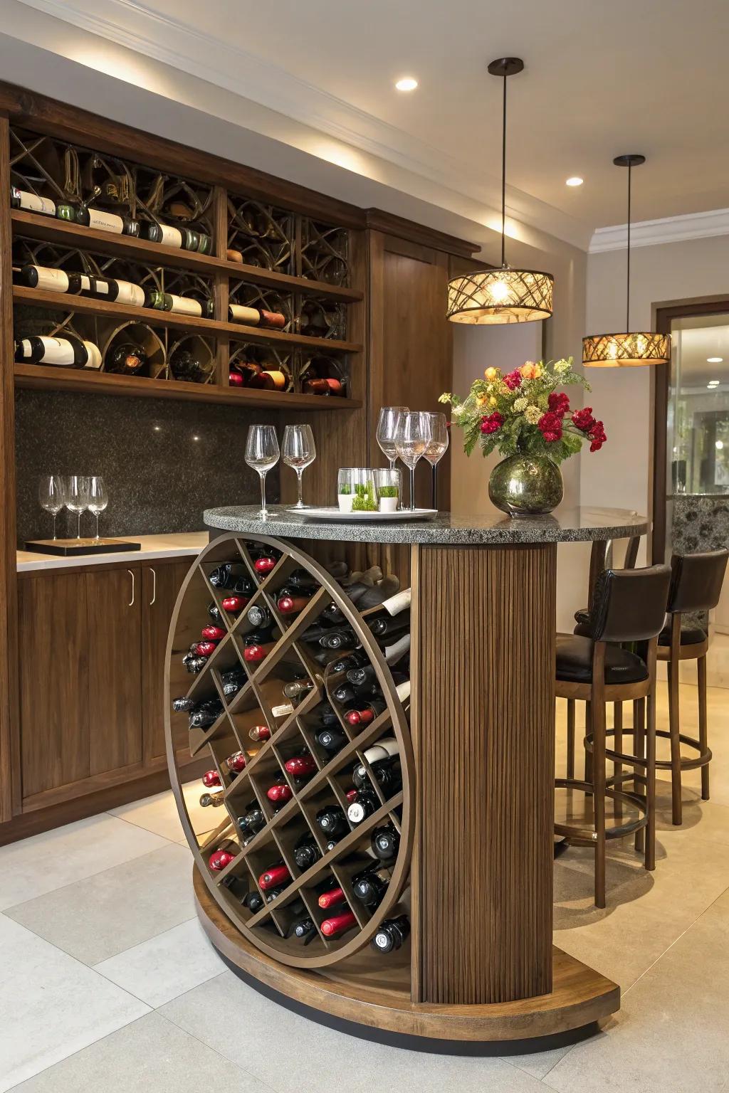 Special circular racks offer a unique method to store wine.