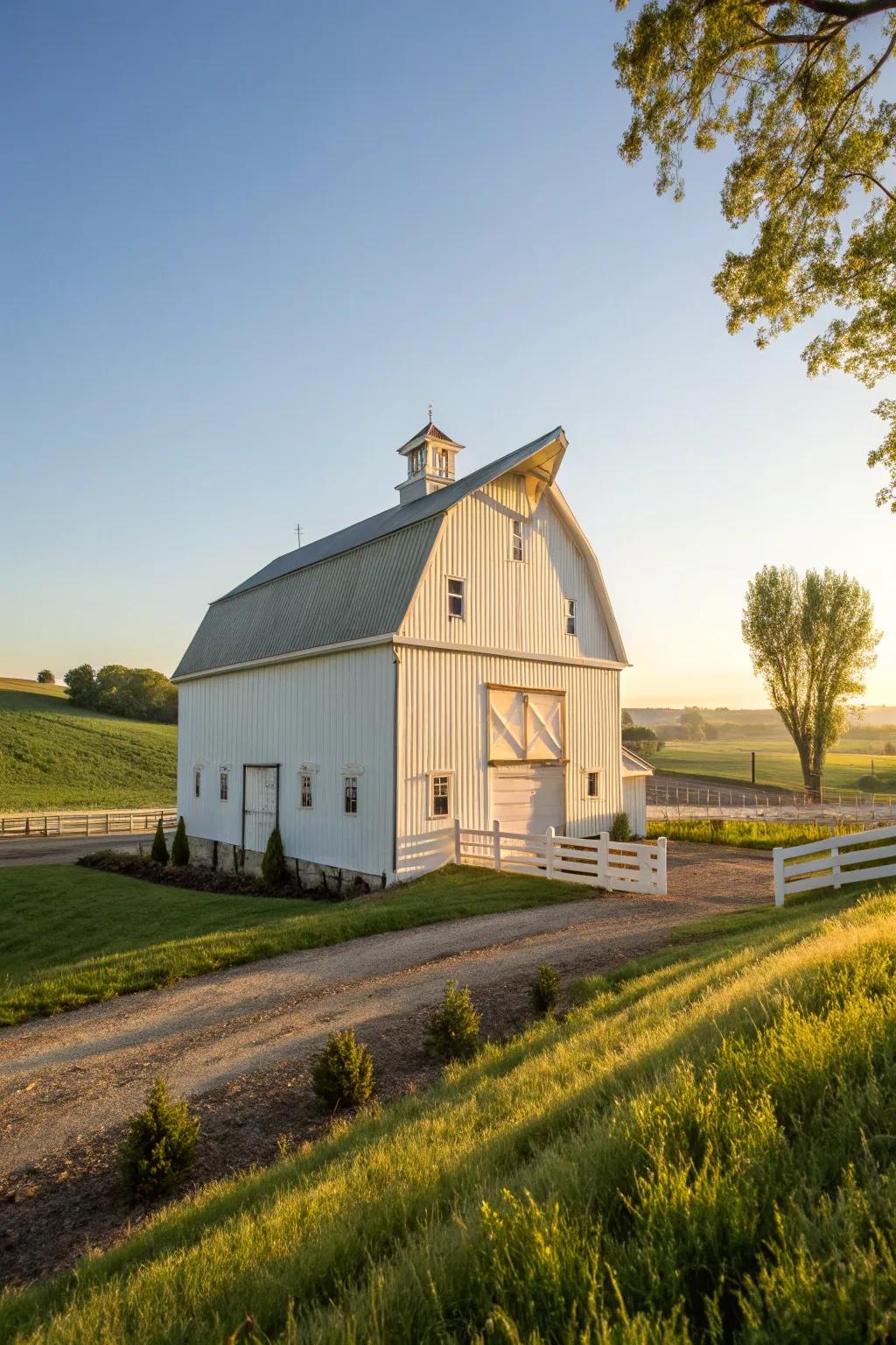 An elegant gentle white barn that exudes tranquility.