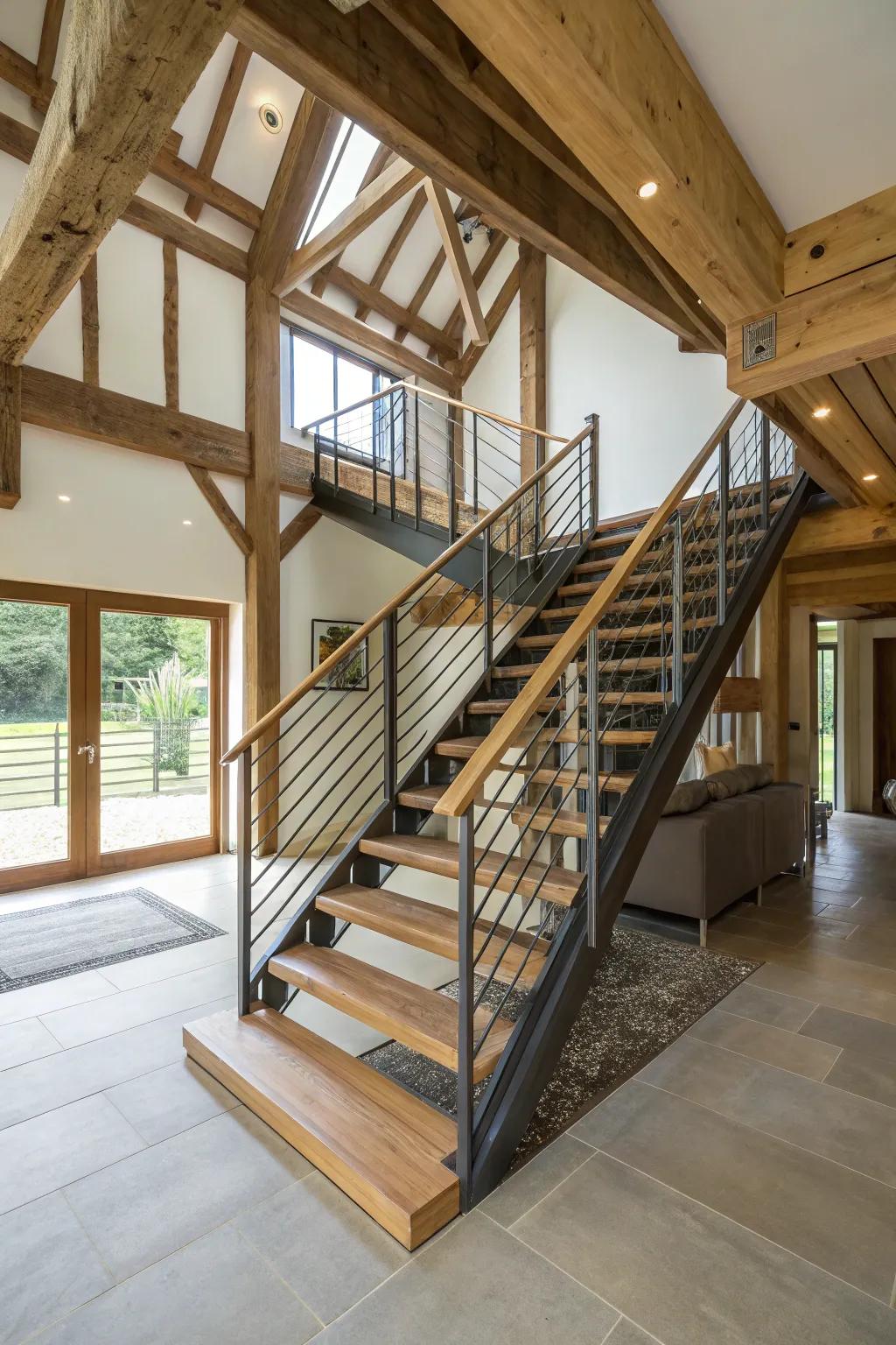 Elegant staircases contribute modern style to countryside spaces.