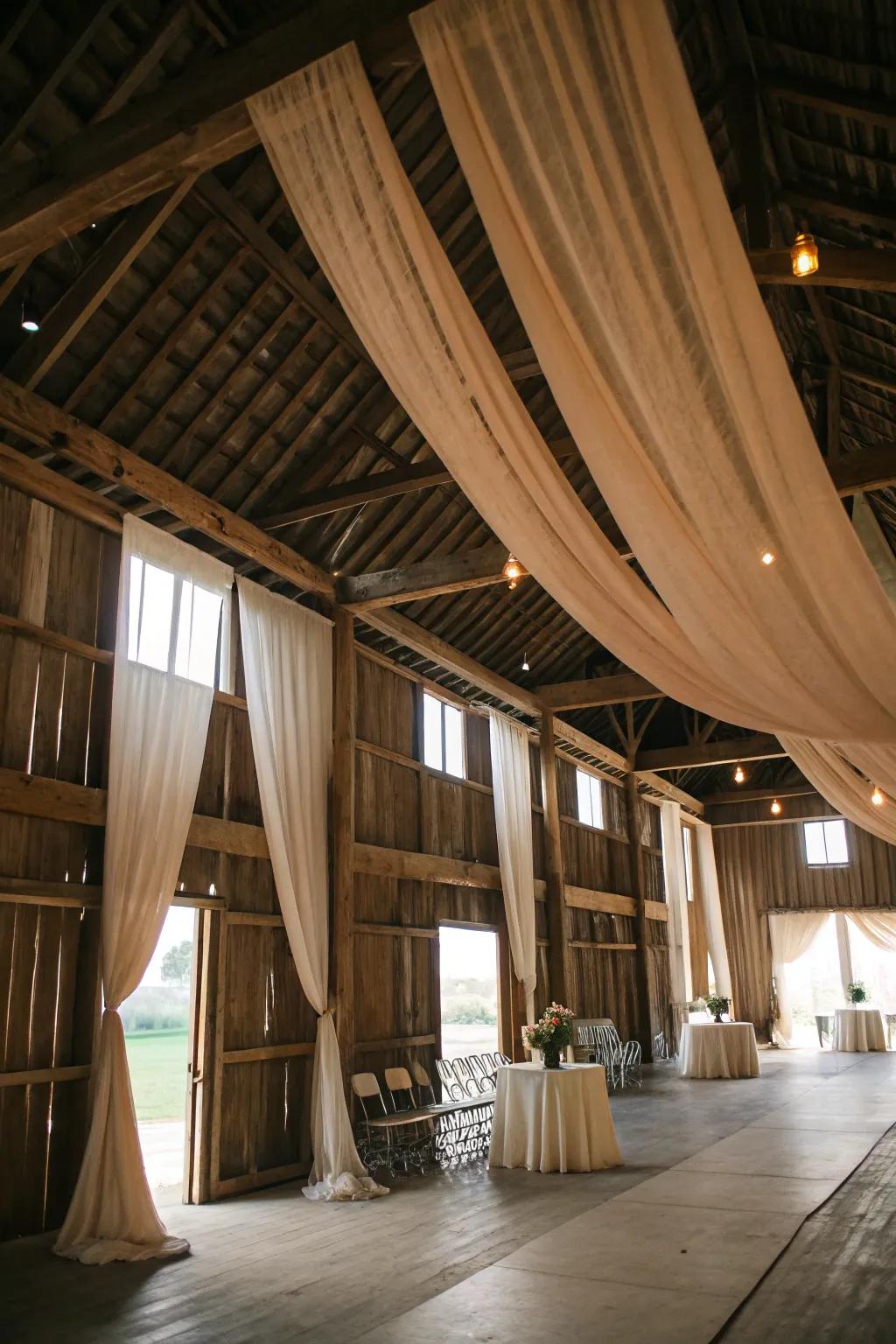 Suspended textiles transform barn spaces with refinement.