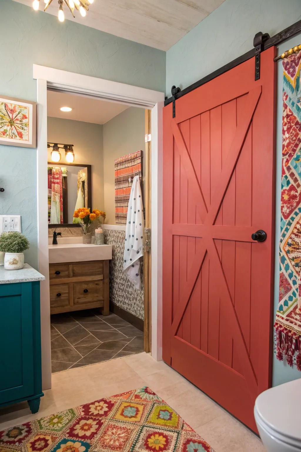 A painted barn door adds a vibrant burst of color to any bathroom.